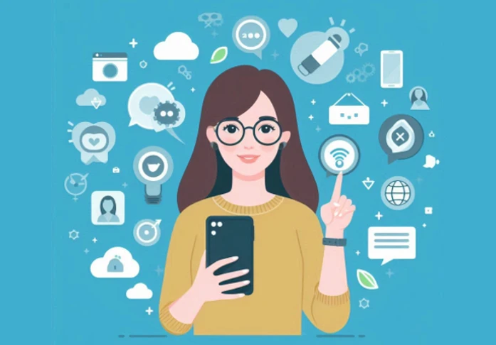 Person sitting on chair using mobile device surrounded by social media app icons.