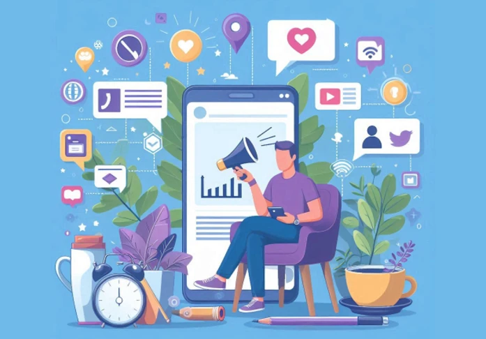 A girl looking at a mobile phone with various social media logos surrounding the device