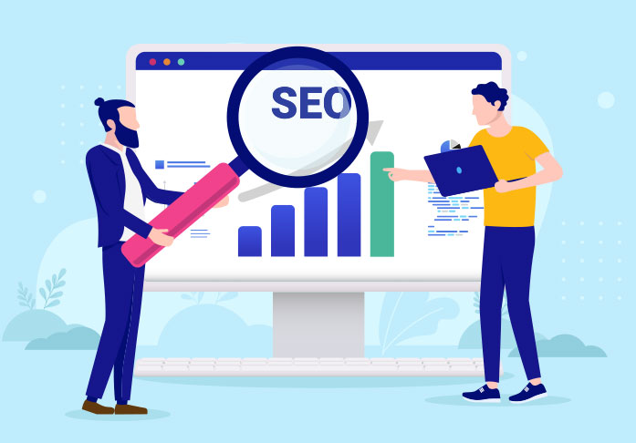 Two business people reviewing website traffic data on a computer screen, analyzing SEO growth