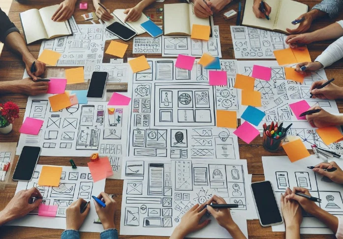 A diverse team collaborates on a UI UX design project, sharing ideas and working together effectively.