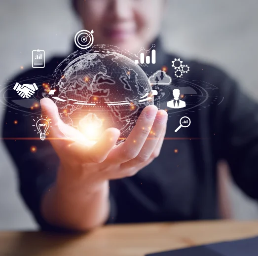 A businesswoman presents a globe featuring business and technology icons, symbolizing web design services in Dubai
